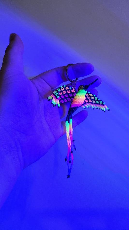 Beaded Hummingbird Keychain (Neon Rainbow/Black) *UV-Reactive*