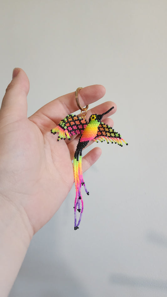Beaded Hummingbird Keychain (Neon Rainbow/Black) *UV-Reactive*