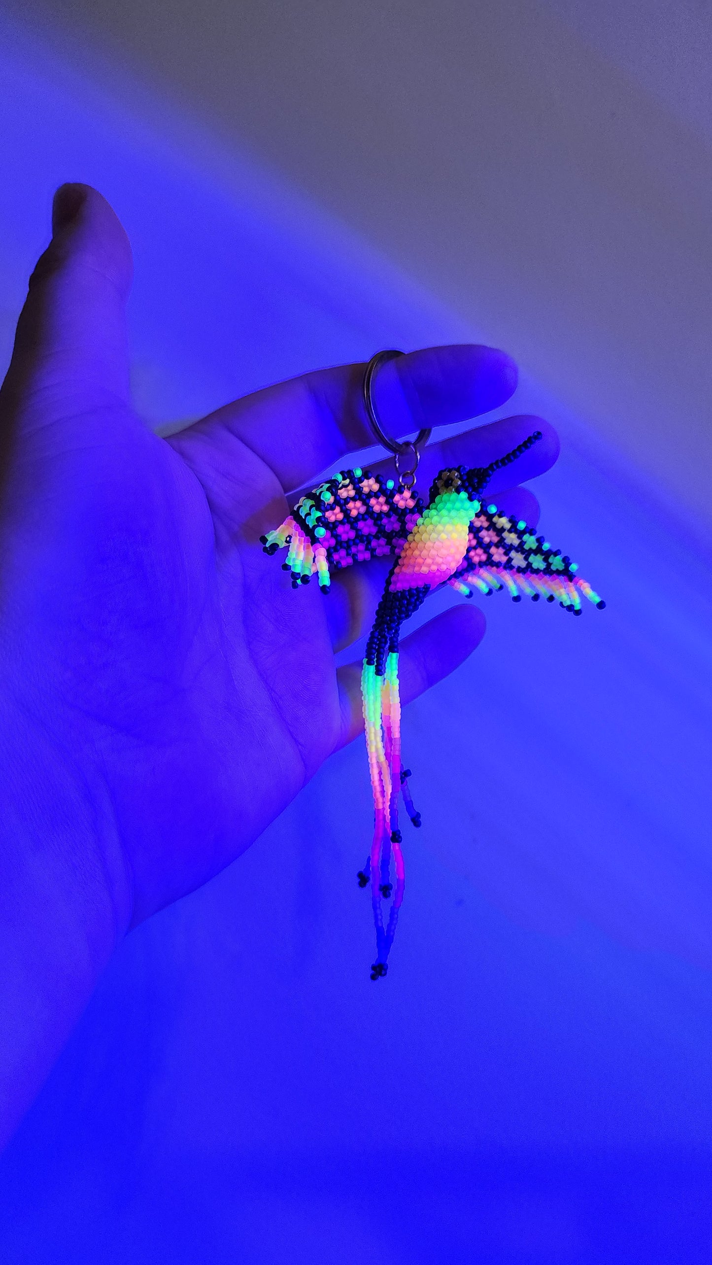 Beaded Hummingbird Keychain (Neon Rainbow/Black) *UV-Reactive*