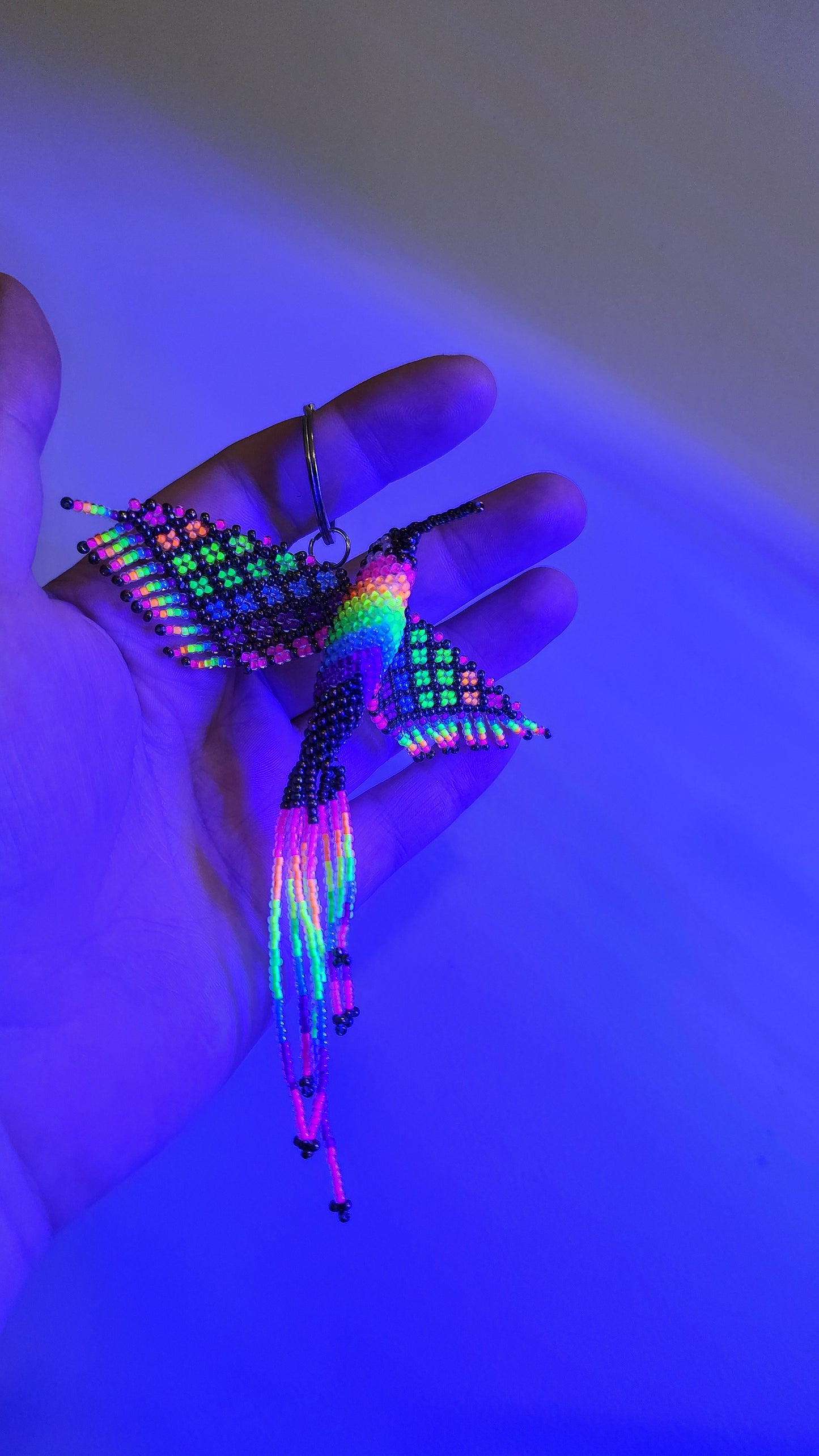 Beaded Hummingbird Keychain (Neon Rainbow/Irridescent) *UV-Reactive*