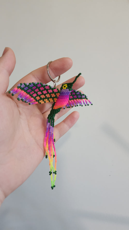 Beaded Hummingbird Keychain (Neon Rainbow/Green) *UV-Reactive*
