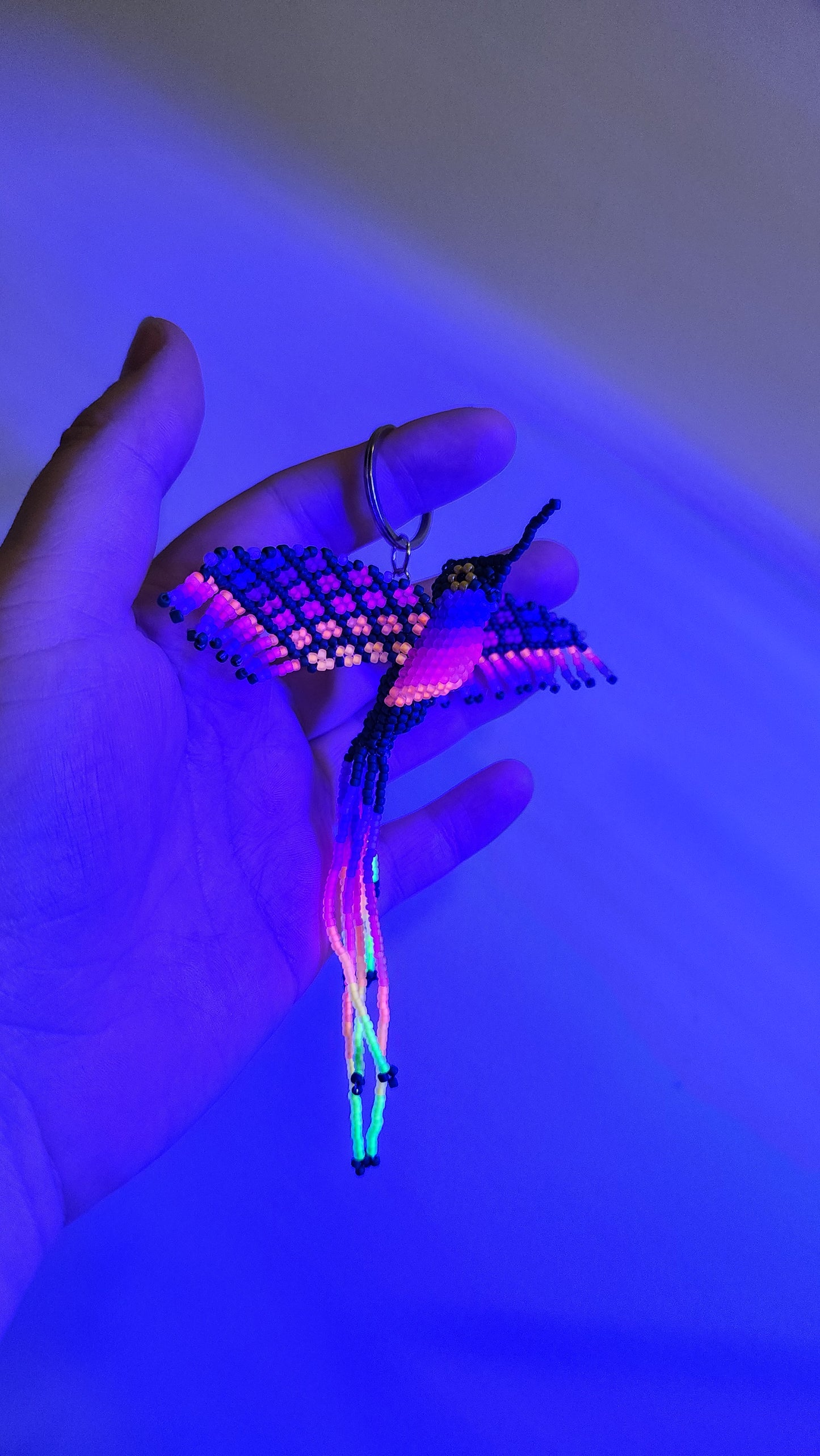 Beaded Hummingbird Keychain (Neon Rainbow/Green) *UV-Reactive*