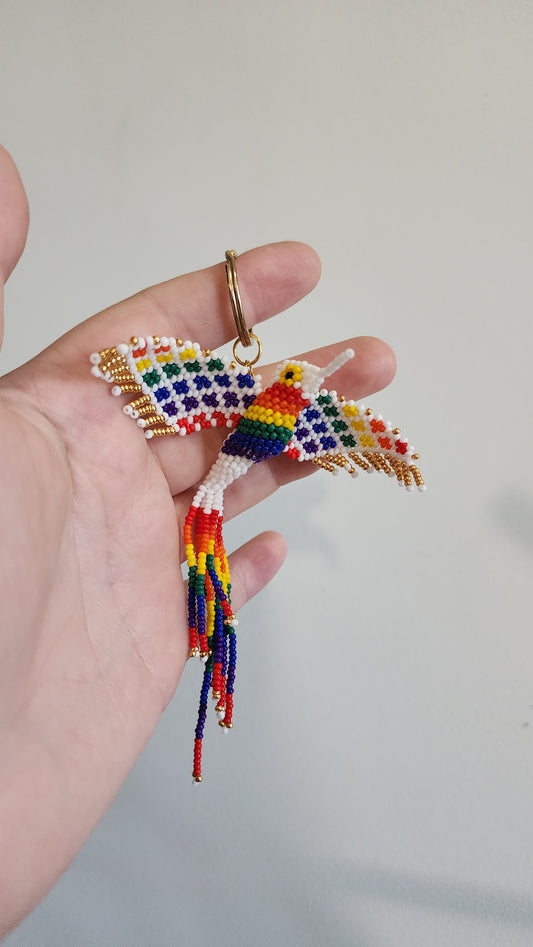 Beaded Hummingbird Keychain (Rainbow/White)