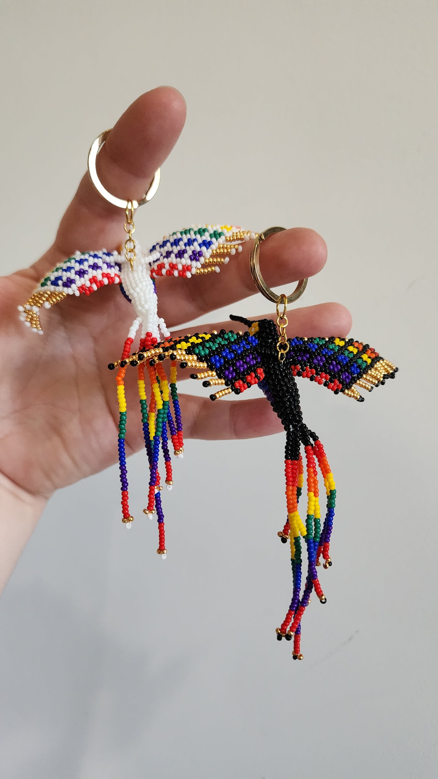 Beaded Hummingbird Keychain (Rainbow/White)