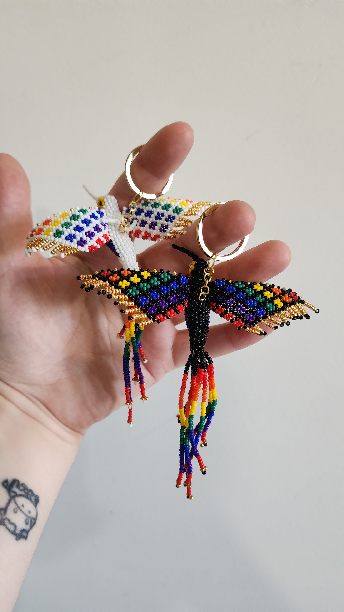 Beaded Hummingbird Keychain (Rainbow/White)